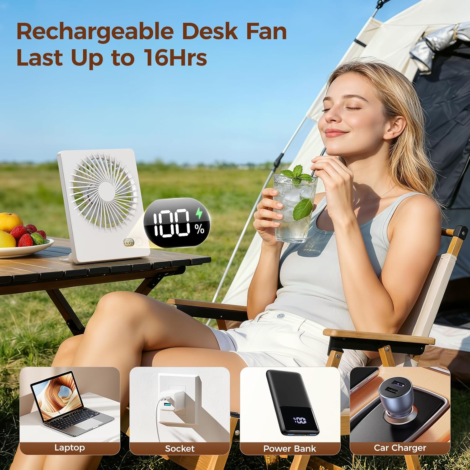 Zuvas Desk Fan Battery Operated Fan Rechargeable 180°Tilt Folding Personal Fan Ultra Quiet Small Portable 3 Speed Adjustable Strong Wind Fan For Office Bedroom Home Desktop Camping (White) - Image 3