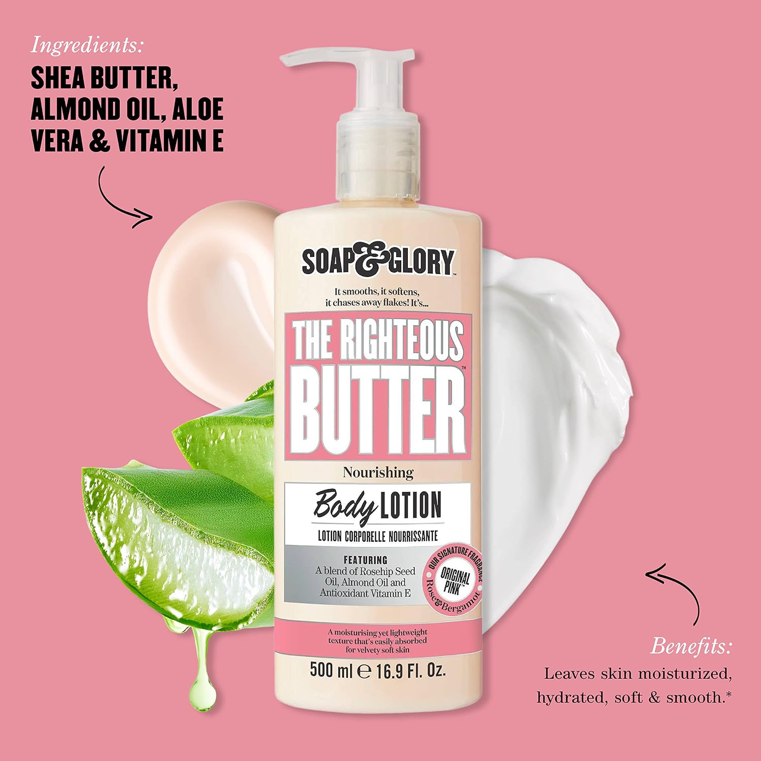 Soap & Glory Original Pink Moisturizing Body Lotion Pump - Lightweight Body Moisturizer for Dry Skin - With Shea Butter, Vitamin E & Aloe Vera for Soft, Hydrated Skin - Rose & Bergamot (16.9 fl oz) - Image 3