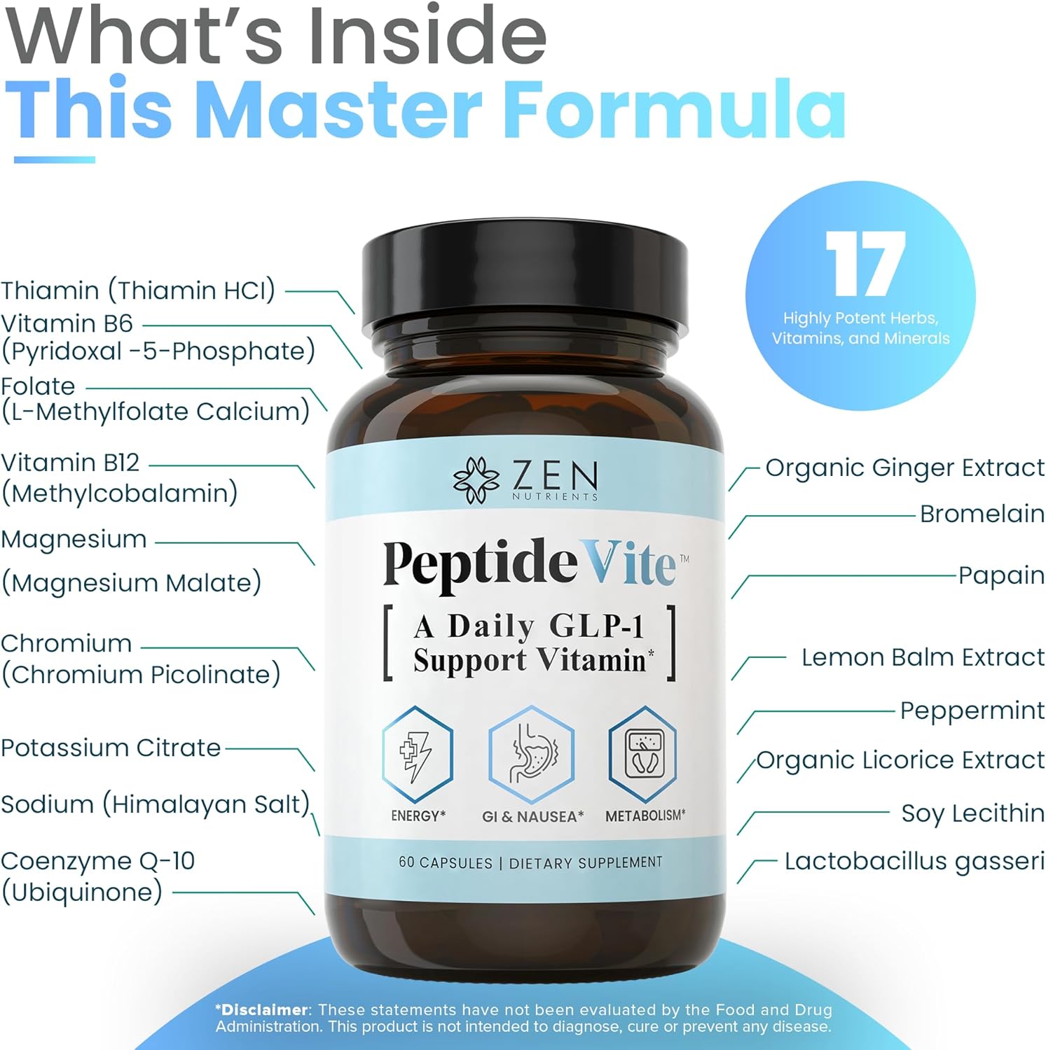 Zen Nutrients PeptideVite GLP-1 Support Vitamin for Gut Health with Probiotics, Bromelain, Chromium Picolinate & Organic Ginger (60 Capsules) - Image 2
