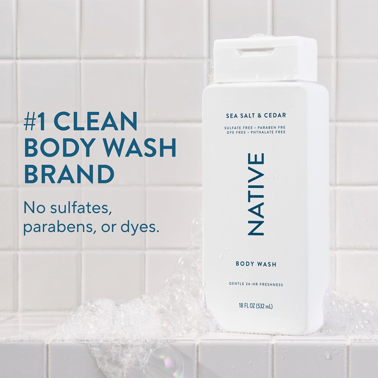 Native Sea Salt & Cedar Scent 24-Hr Refreshing Clean Body Wash for Men & Women, for All Skin Types Incl. Sensitive, Leaves Skin Feeling Clean & Soft, Free of Phthalates, Sulfates & Parabens, 18 oz - Image 2
