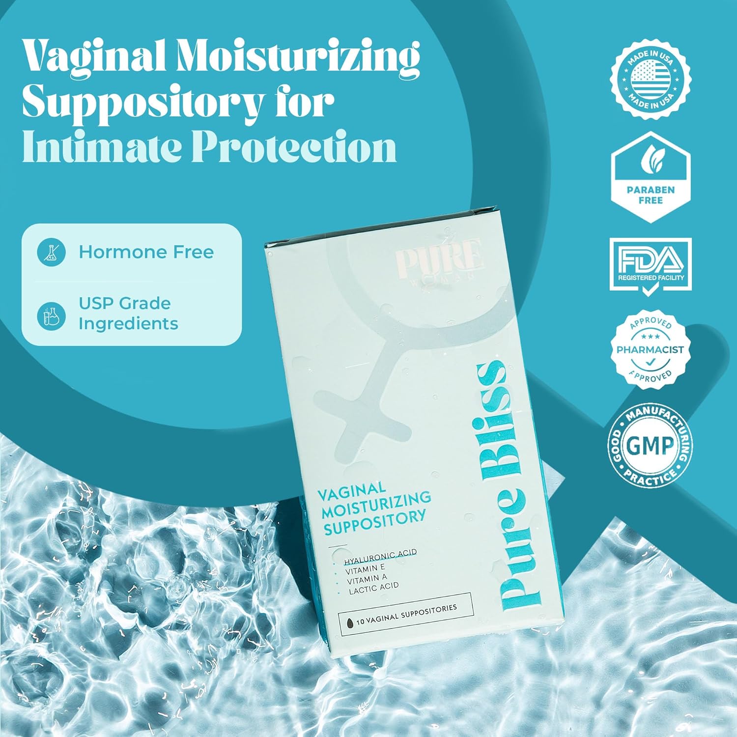 PURE WOMAN - Pure Bliss - Vaginal Moisturizing Suppositories - Hyaluronic Acid, Vitamin E, Vitamin A, Lactic Acid - Supports Vaginal Moisturization - Long Lasting Comfort & Sensitivity Relief - 10 Pk - Image 3