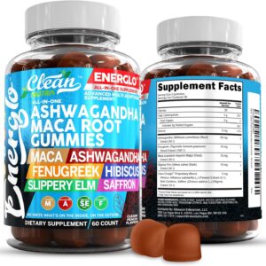 Ashwagandha Maca Root Gummies with Fenugreek Hibiscus Slippery Elm Saffron Extract & Beta Carotene | Peach Flavor Vegan Gummy Vitamins Adaptogen Cortisol Supplement Energlo By Clean Nutra