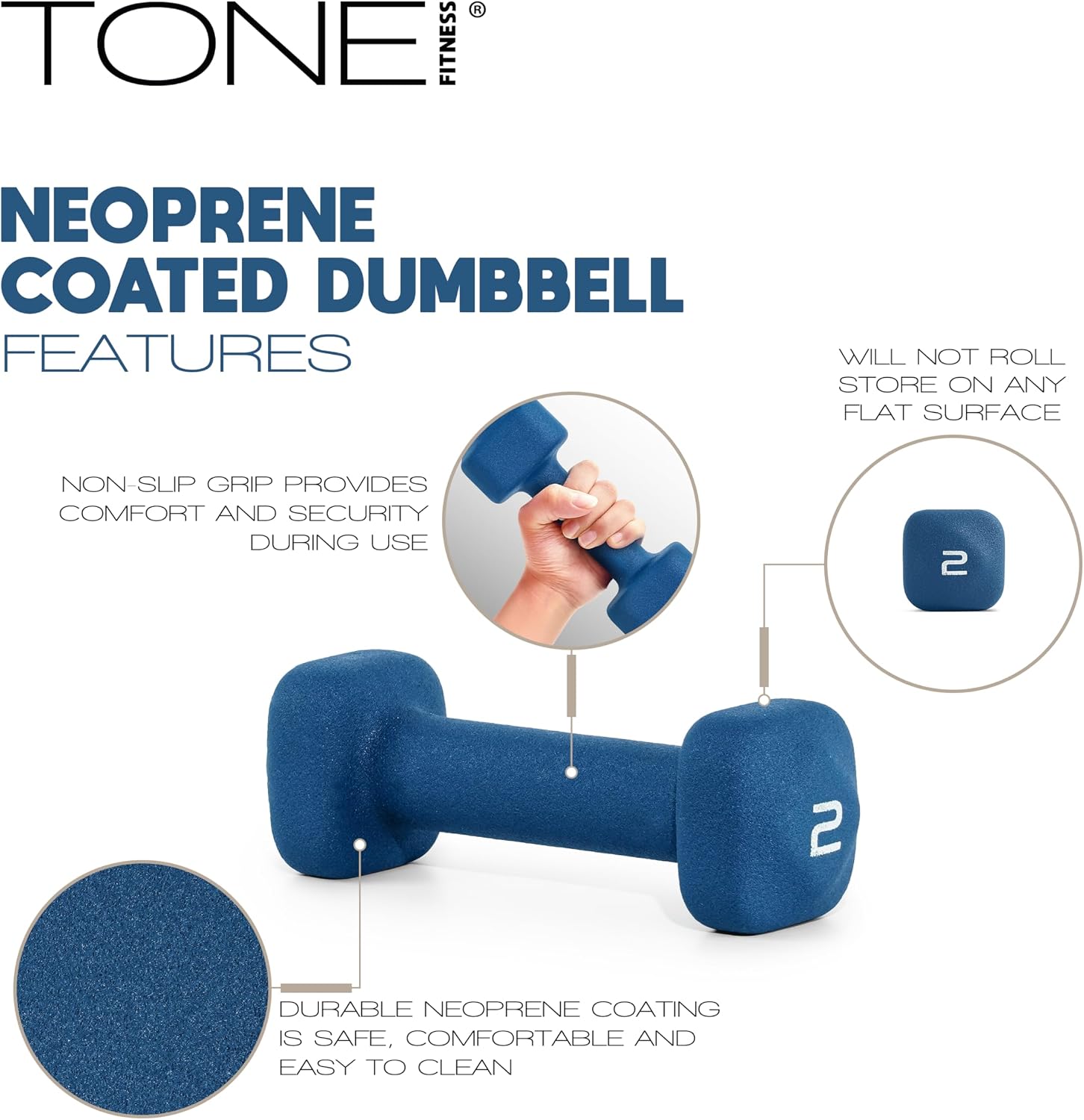 Tone Fitness Neoprene Dumbbell Weight Pairs with Anti-Roll Square Head | Multiple Options - Image 3