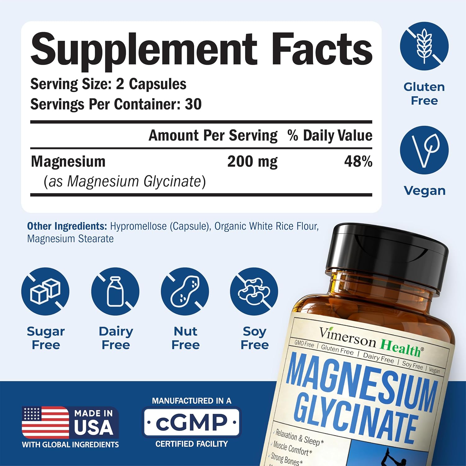 Vimerson Health Magnesium Glycinate 200mg for Sleep, Relaxation & Muscle Support – Chelated, Bioavailable, Vegan and Gentle on Stomach – 60 Capsules - Image 3