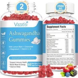 2 Pack Ashwagandha Gummies for Women Men, Sugar Free Organic Ashwagandha Gummies Supplement for Relax Restore Balance, Vegan Gluten Free, 120 Count