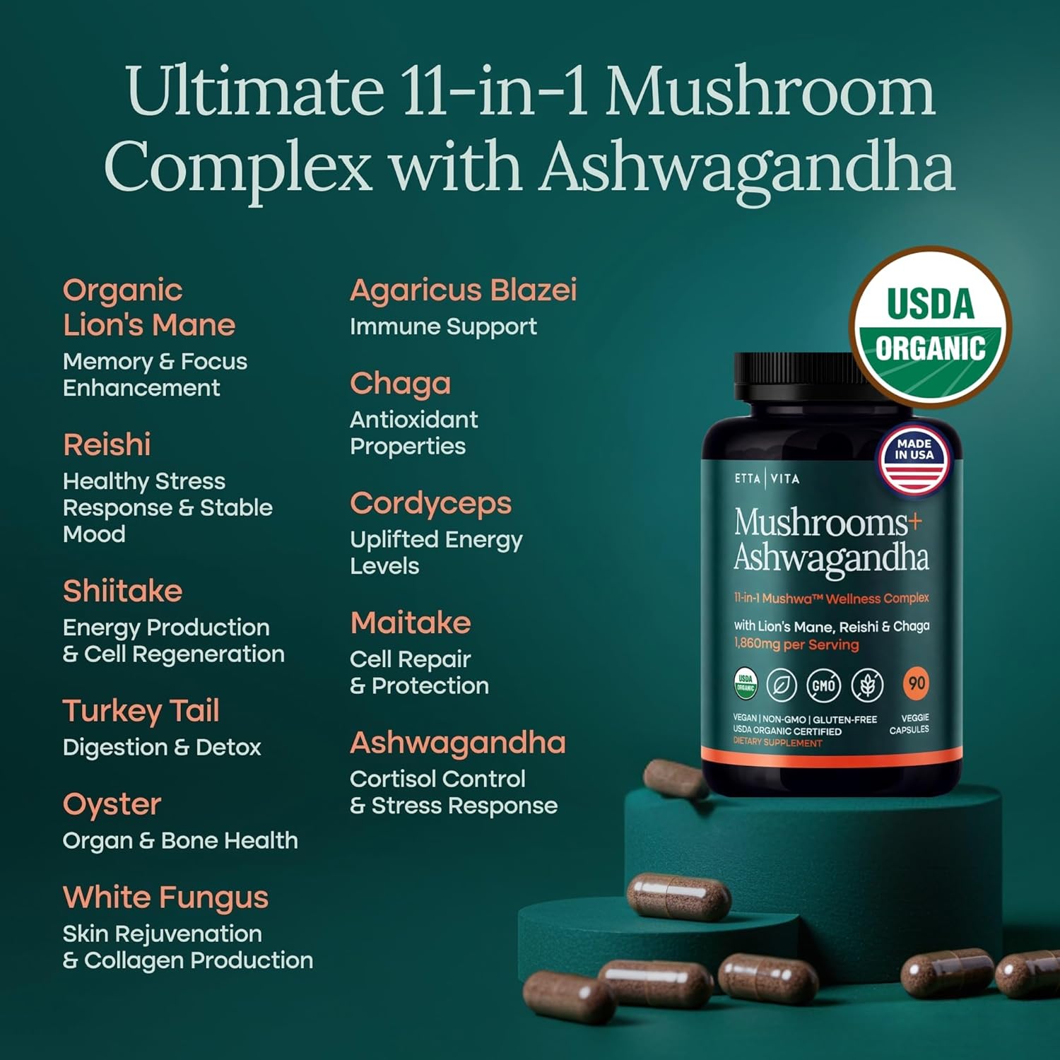 USDA Organic Lions Mane Supplement Capsules with Ashwagandha, Chaga, Reishi, Cordyceps, Turkey Tail - 10x Adaptogenic Mushroom Complex as Focus Supplement - Energy, Immunity & Nootropic - Image 2
