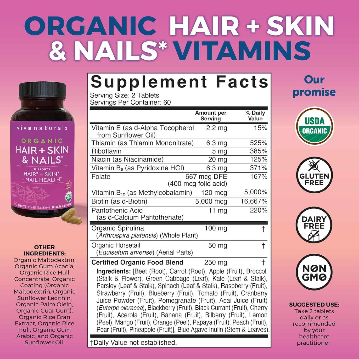 Biotin 5000 mcg Hair Skin Nails Vitamins for Women – Organic and Vegetarian-Friendly Supplement with Vitamin E, B-Vitamins, Spirulina, Horsetail and Superfood Blend to help Produce Keratin –120 Count - Image 2