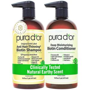 PURA D'OR Anti-Thinning Biotin Shampoo & Hair Regrowth Conditioner, CLINICALLY TESTED Effective Results, Thickening Herbal Blend For Women & Men, Original Gold Label Set, Natural Earthy Scent, 16oz x2 | Deep Moisturizing