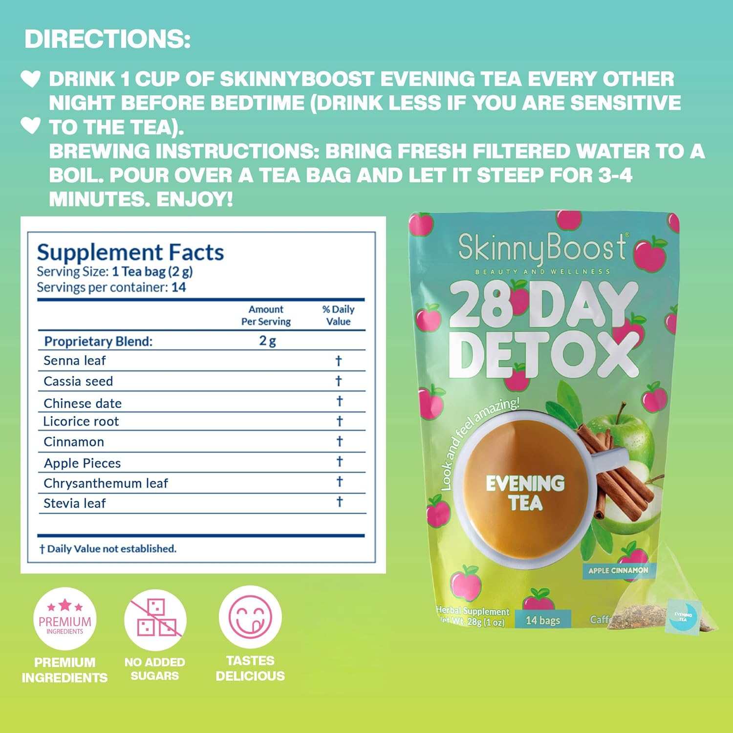 Skinny Boost Evening Detox Tea-APPLE CINNAMON -14 Tea Bags Total, Supports Detox and Cleanse, Reduce Bloating, Cleanse Colon, Reduce Toxins, Vegan, Non GMO - Image 2
