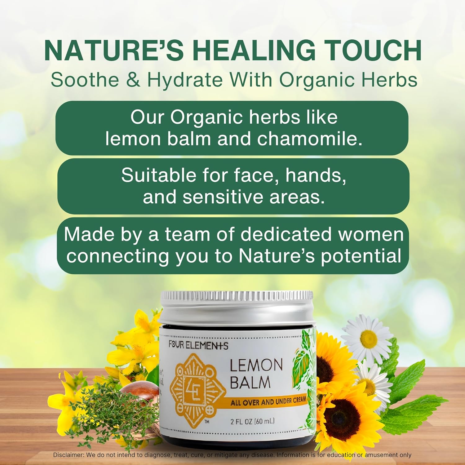 Four Elements Lemon Balm Face Moisturizer Cream - 2 Oz | Herbal Face Cream with Organic Lemon Balm, Chamomile, Shea Butter & Vitamin E | Body Hydrating Moisturizer Beauty Essential - Image 5