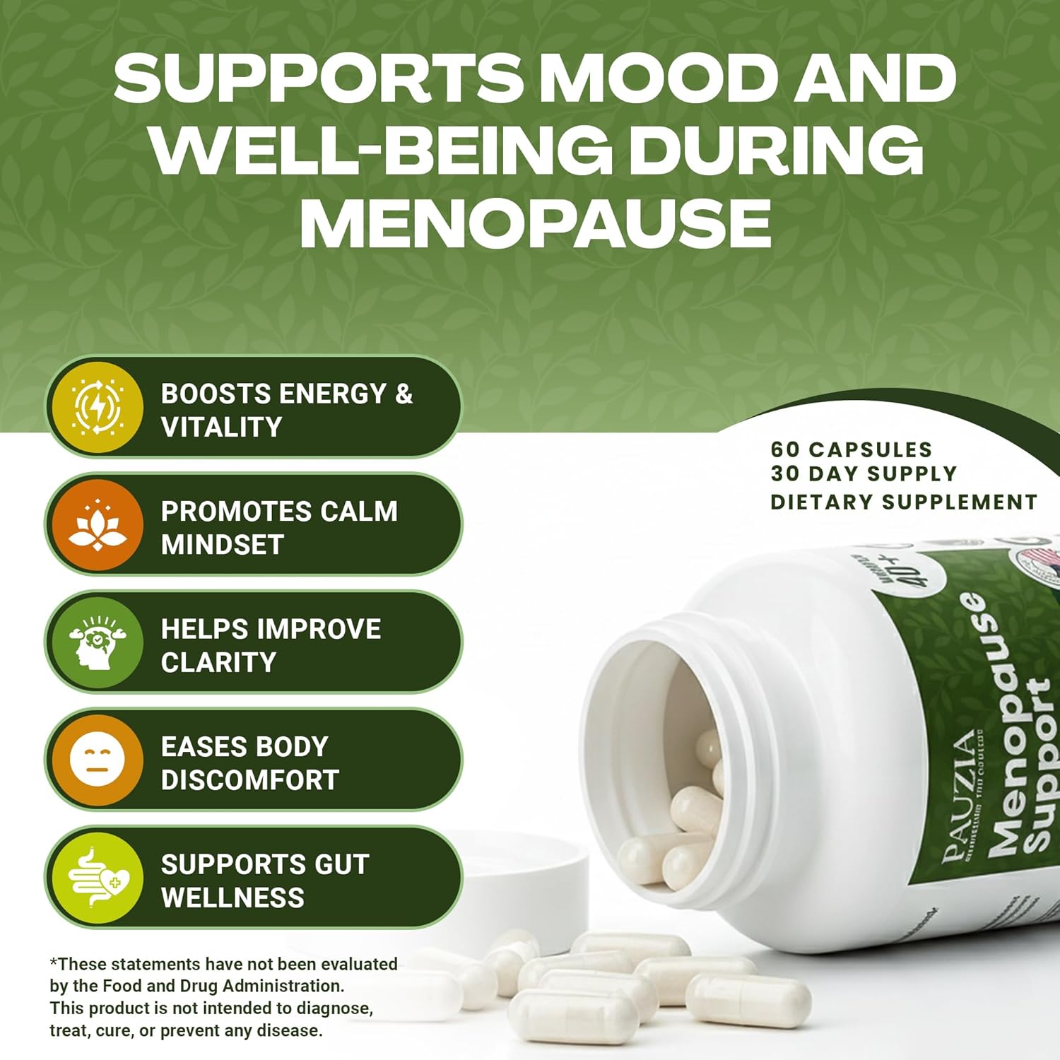 PAUZIA Menopause Supplements for Women 40+ | Natural Menopause Relief with Black Cohosh, Ashwagandha, Vitex | Hot Flash & Mood Support | Hormone-Free | Made in USA (60 Vegan Capsules) - Image 3