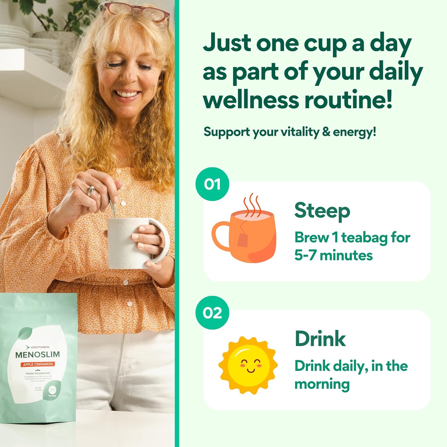 VoomVaya MenoSlim Tea – Menopause & Perimenopause Supplement for Women – Supports Healthy Metabolism & Overall Wellness – Acai Berry Flavor – 30 Tea Bags - Image 6