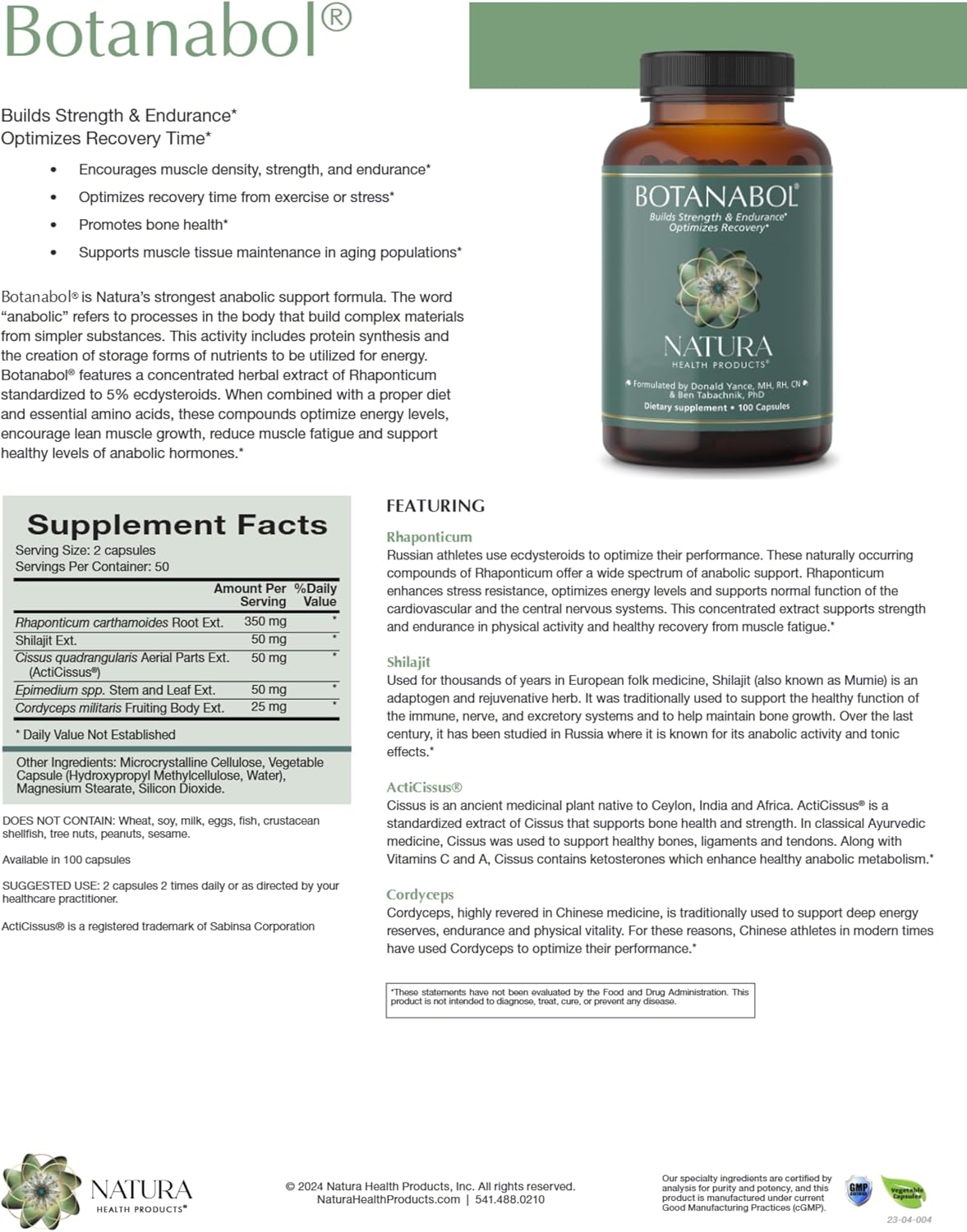 Natura Health Products Botanabol Supplement - Builds Strength & Endurance and Optimizes Recovery Time - Featuring Rhaponticum, Shilajit, Cordyceps, Cissus Quadrangularis (100 Capsules) - Image 2