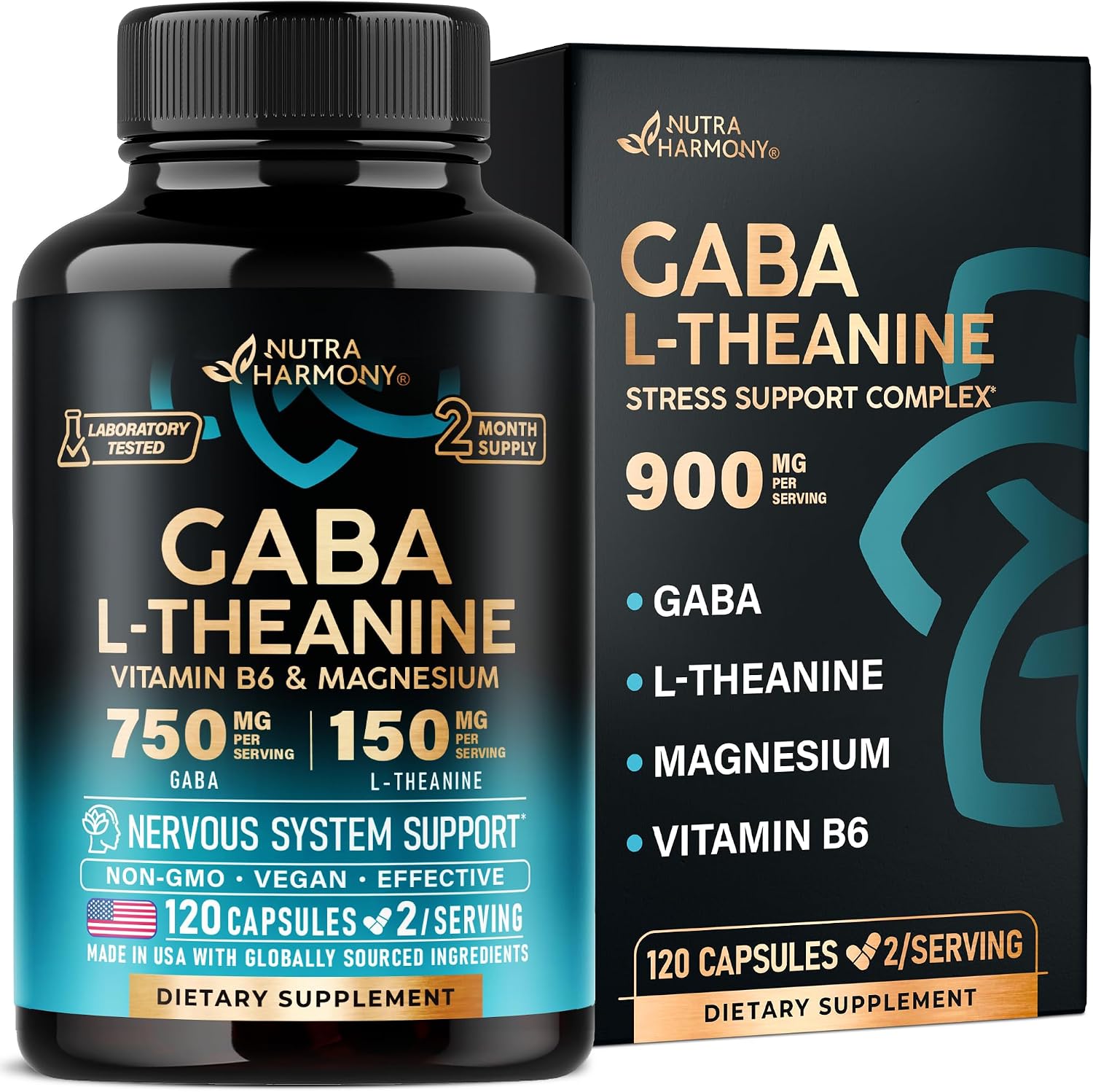 GABA L-Theanine 900 mg - Magnesium | Vitamin B6 - Calm, Sleep, Relaxation & Mood Support - Lab Tested - 750 mg Gamma AminoButyric Acid, 150 mg L-Theanine - Non-Habit Forming, Vegan - 120 Capsules