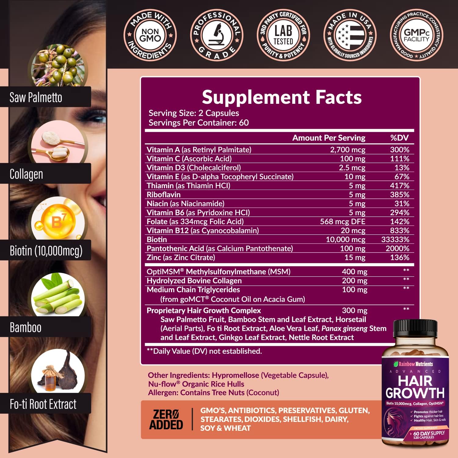 Hair Growth Vitamins for Women | Biotin 10,000mcg, Collagen, Patented OptiMSM®, goMCT®, Saw Palmetto | Naturally Regrow Stronger & Healthier Hair, Skin and Nails | Stops Hair Loss | 60 Day Supply - Image 2