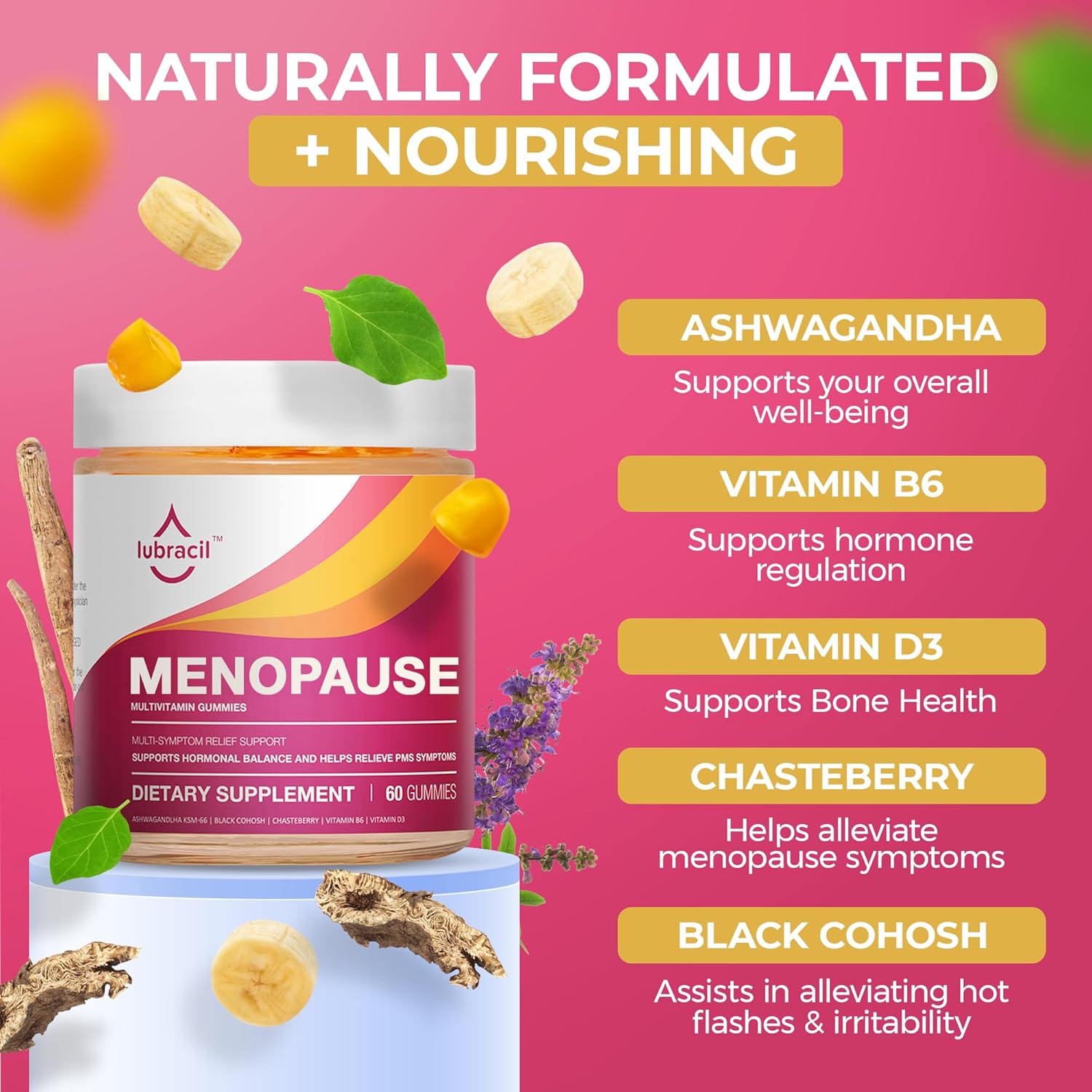 Lubracil Menopause Gummies for Women, Perimenopause Supplements with Black Cohosh & Ashwagandha, Hot Flashes, Night Sweats, Hormonal Balance, 180 Gummies (Pack of 2) - Image 4
