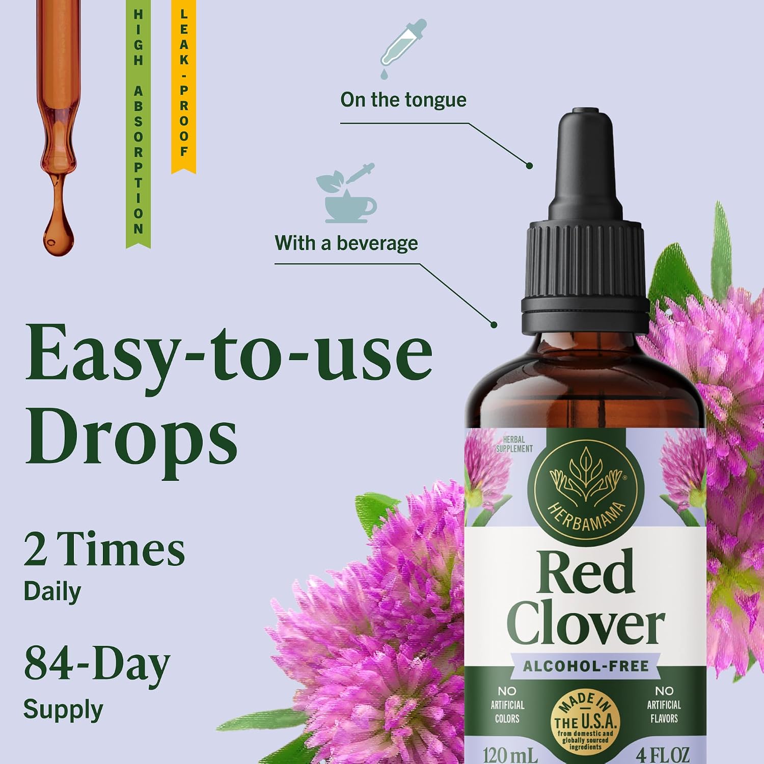 HERBAMAMA Red Clover Supplement for Menopause Support* - Liquid Red Clover Herb with Isoflavones for Hormone Balance for Women - Lymphatic Drainage Drops - Vegan, Non-GMO, 84-Day Supply - Image 6