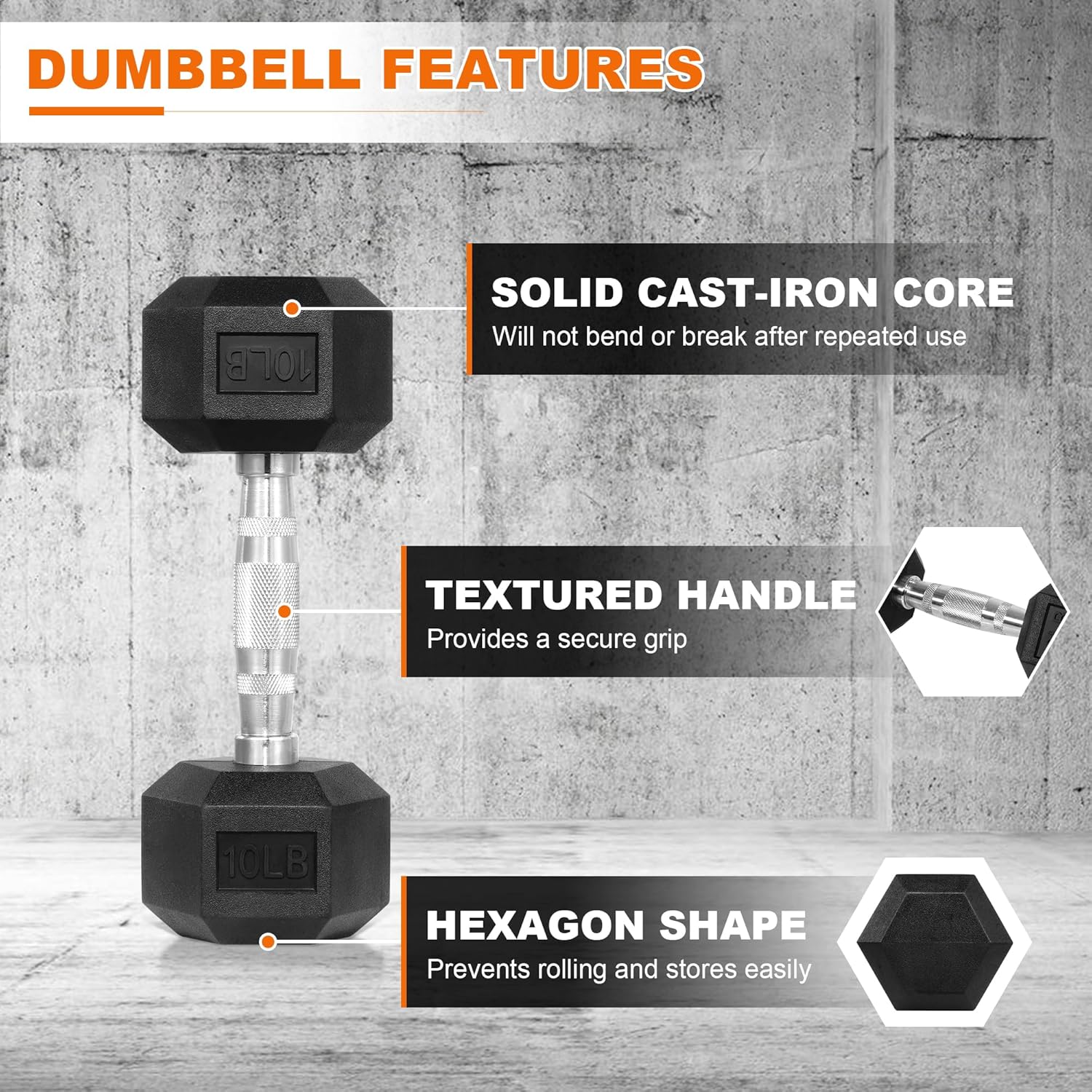 Fitvids Rubber Encased Hex Dumbbell Set Contoured Handle for Muscle Toning, Strength Building & Full Body Workout, 60LB, 100LB, 150LB and 550LB Set - Image 3