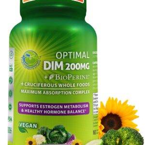 Optimal DIM 200mg Supplement for Women and Men - Made with Organic Whole Foods - Estrogen & Hormone Balance Support Diindolylmethane Complex - Maximum Absorption Delayed-Release Capsules - 60 Count
