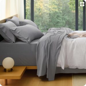 Bedsure 100% Washed Cotton Percale Sheets Queen Size - Linen Like Textured 6-Piece Bedsheet with 18" Deep Pocket, Breathable & PureWoven Soft Comfy, 1 Flat Sheet, 1 Fitted Sheet, 4 Pillowcases (Grey)