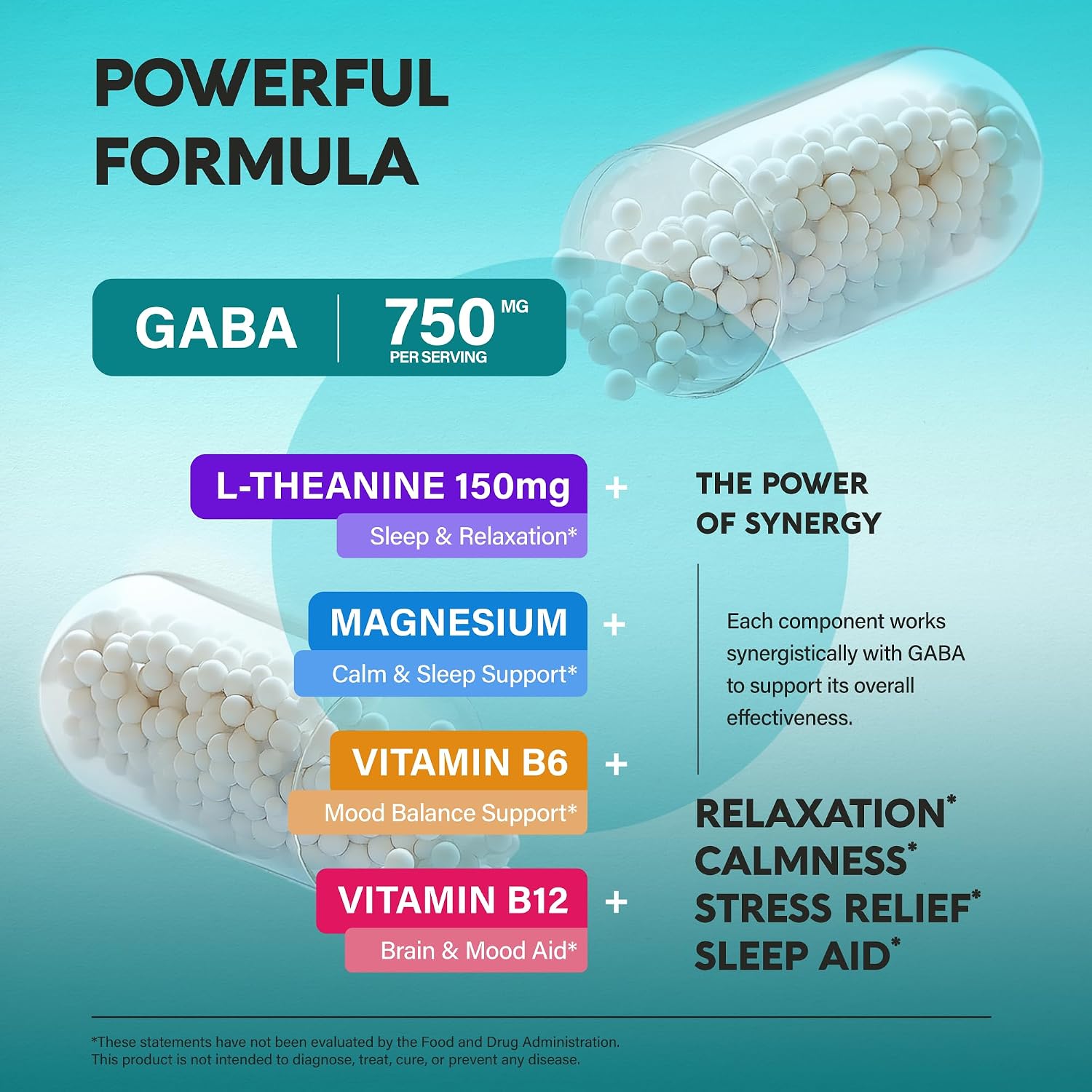 GABA L-Theanine 900 mg - Magnesium | Vitamin B6 - Calm, Sleep, Relaxation & Mood Support - Lab Tested - 750 mg Gamma AminoButyric Acid, 150 mg L-Theanine - Non-Habit Forming, Vegan - 120 Capsules - Image 5