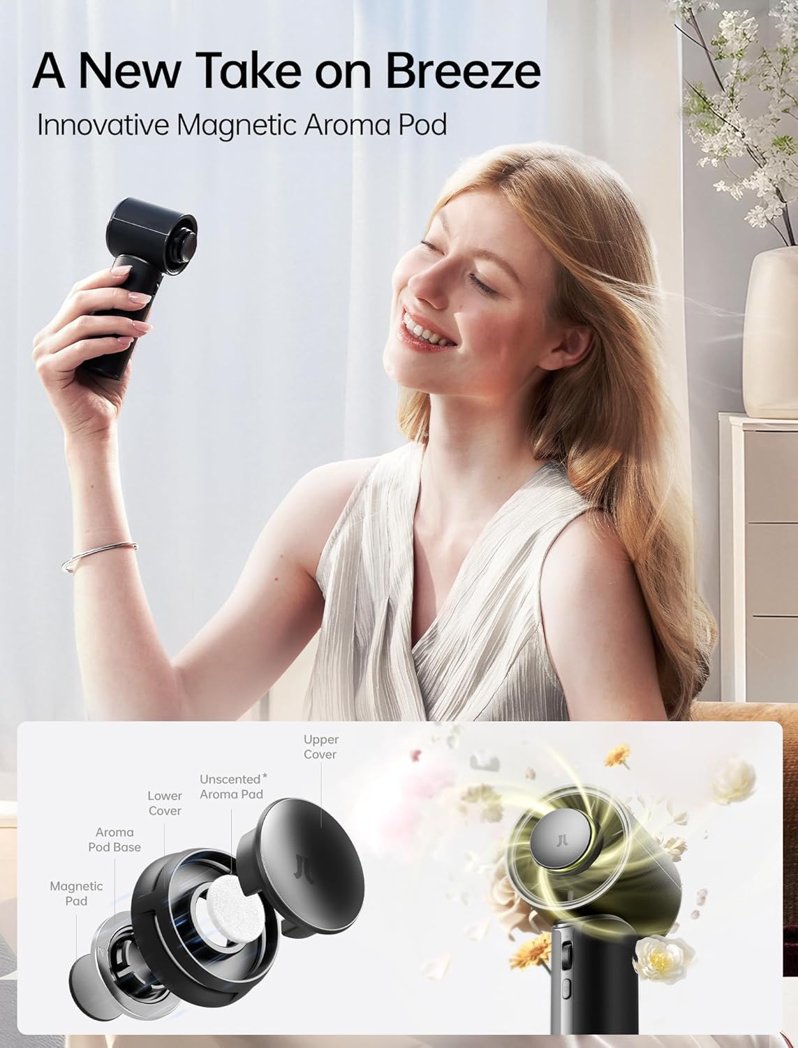 JISULIFE Handheld Fan Pro1 Mini - Scented Breeze: Elite PU Leather, Aroma Pod Innovation, 30 Hours Cooling, 100-Speed, Portable Fan for Travel, Concerts, Premium Gifts for Women Men- Velvet Black - Image 2