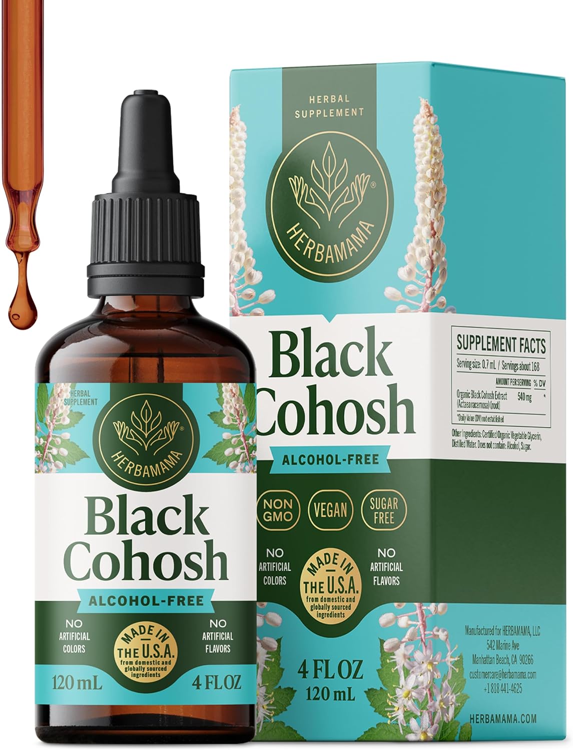 HERBAMAMA Black Cohosh for Menopause Hot Flashes – Black Cohosh Supplements Women – Women’s Wellness & Hormonal Balance Support – Non-GMO, Alcohol & Sugar-Free Liquid Herbal Supplement, 168-Day Supply