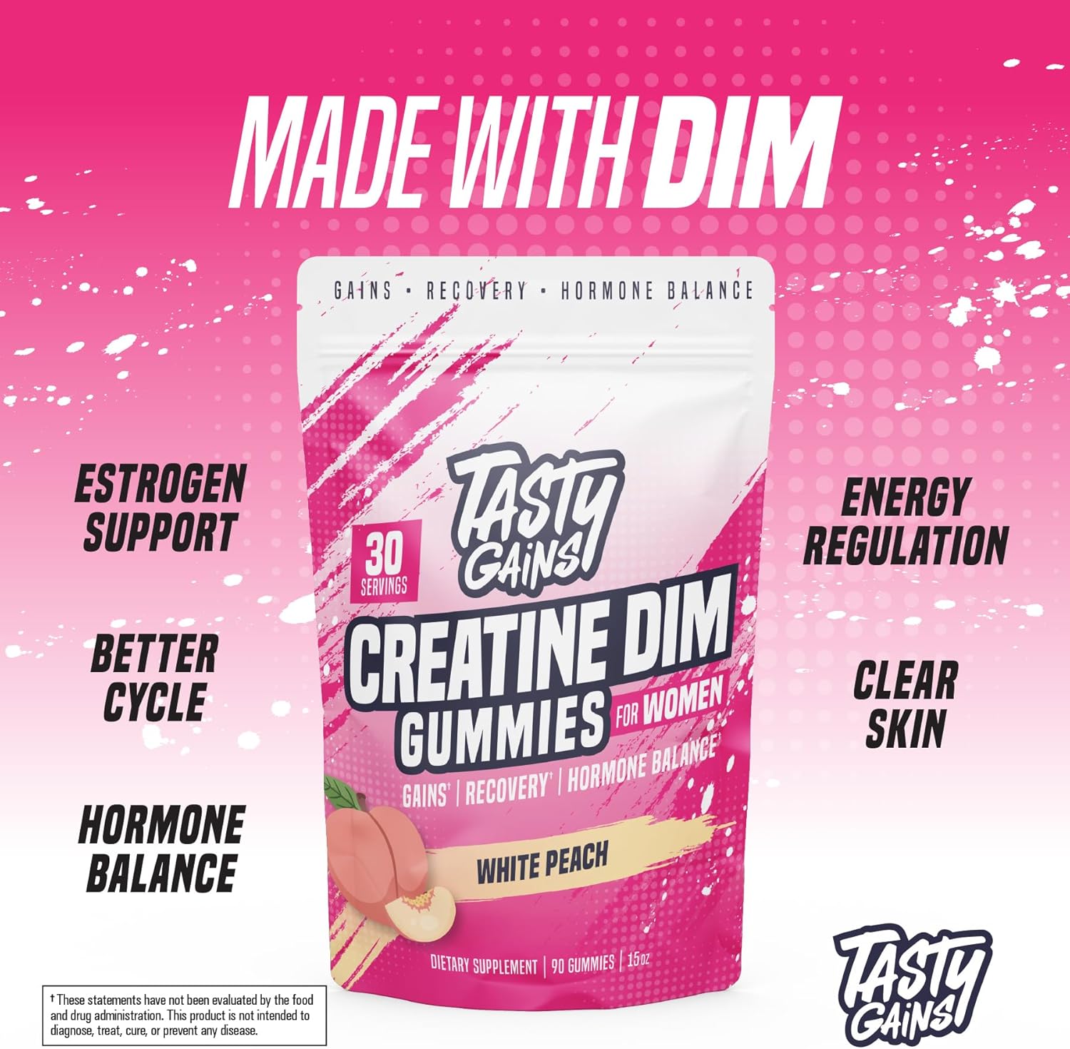 Creatine Gummies for women | 3g Creatine Monohydrate Per Serving | DIM Supplement 100 mg | Estrogen Balance for Women | Hormonal Acne, Hormone Balance, Glute Builder (90 Count, White Peach) - Image 2