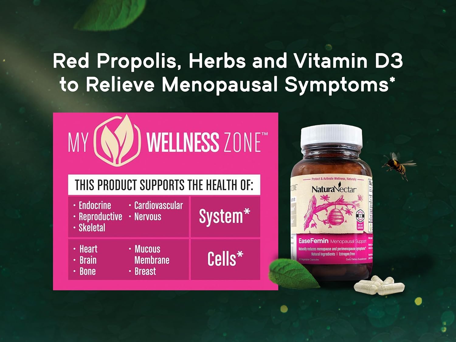 NaturaNectar - EaseFemin Menopausal Support Supplements for Women - Estrogen-Free Red Bee Propolis Capsules for Hot Flashes & Night Sweats - Natural and with Proprietary Calming Herbal Blend (30pcs.) - Image 5