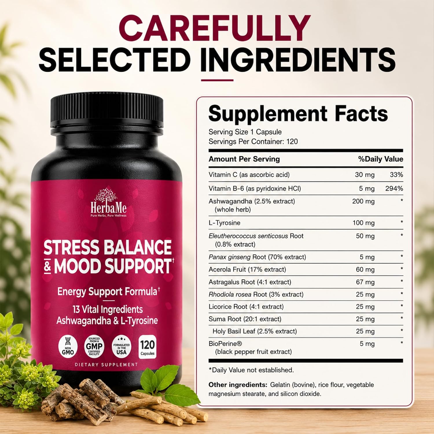 HerbaMe Stress & Mood Support Supplement with Ashwagandha & L-Tyrosine, Energy & Focus Formula, Helps Maintain Balanced Stress Response, 120 Capsules - Image 9