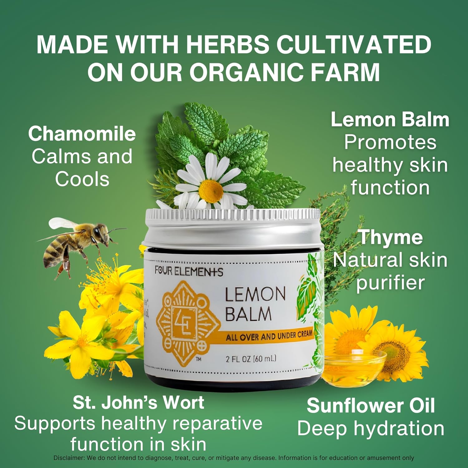 Four Elements Lemon Balm Face Moisturizer Cream - 2 Oz | Herbal Face Cream with Organic Lemon Balm, Chamomile, Shea Butter & Vitamin E | Body Hydrating Moisturizer Beauty Essential - Image 2