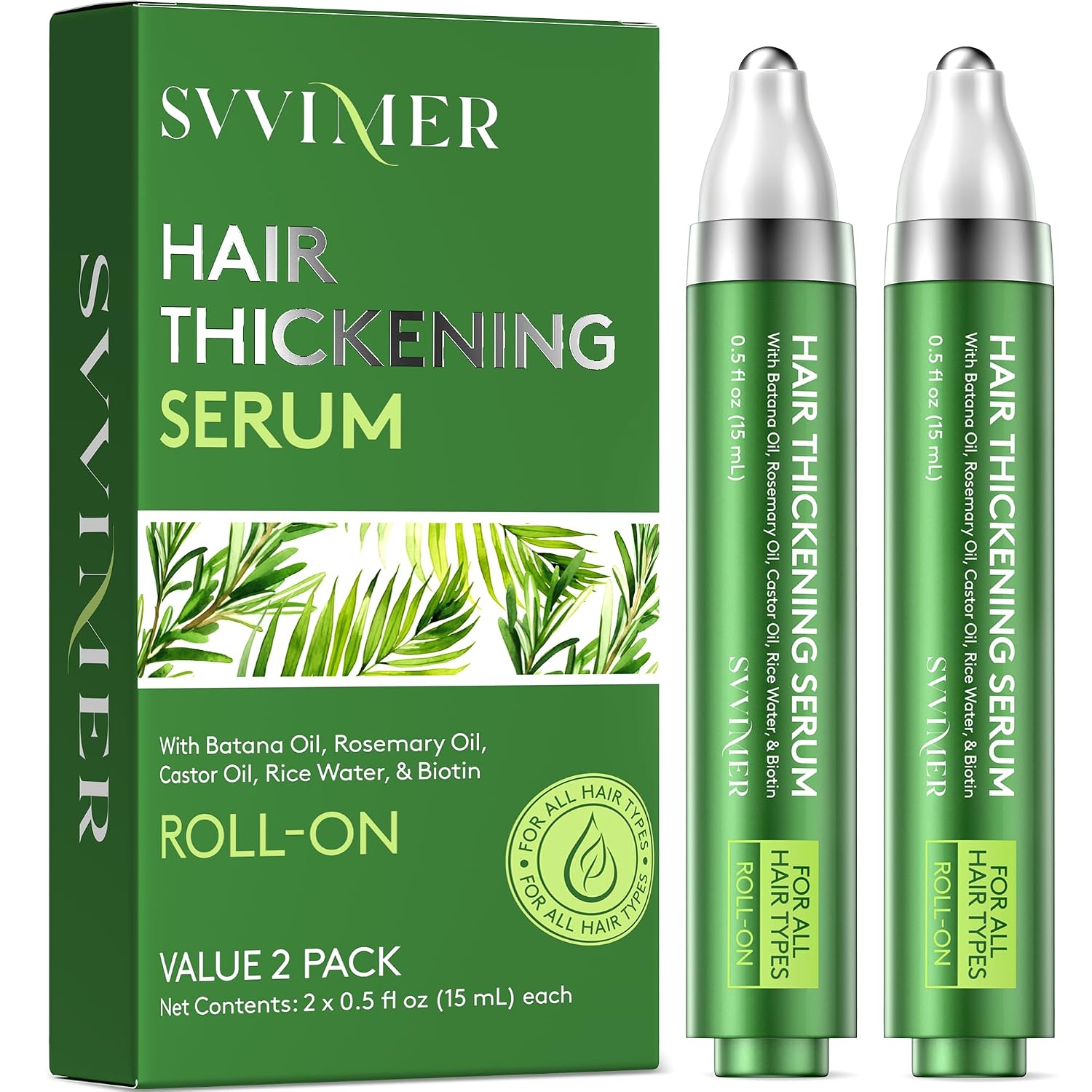 Svvimer Hair Growth Serum Roll On - with Rosemary Batana Oil Biotin Thickening Scalp Serum for Thinning Hair and Loss - for Women and Men 2 PCS 15ml/each