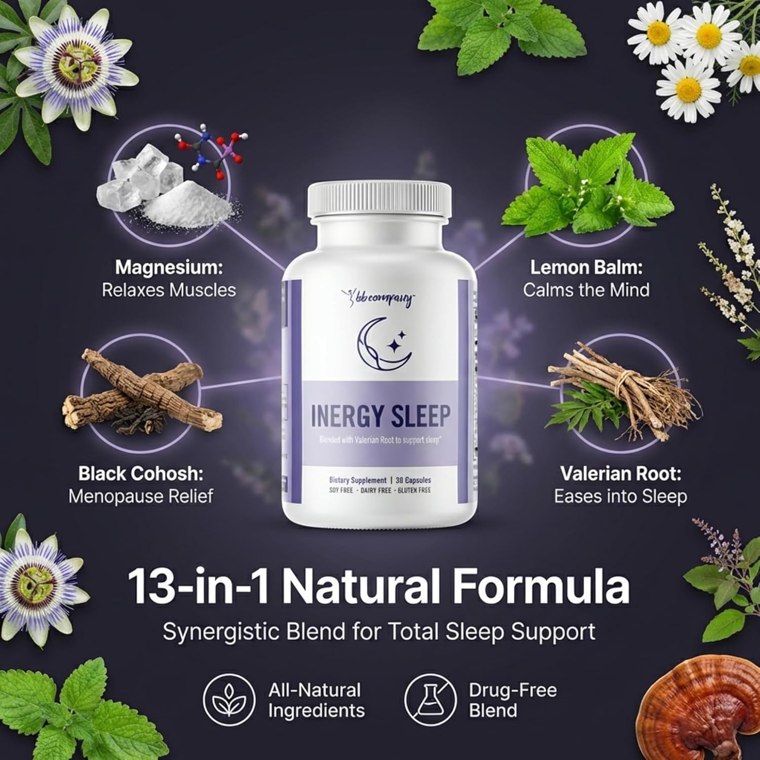 BB Company inergySLEEP | Natural Sleep Supplement & Sleep Aid for Deep Sleep, Helps to Calm & Relax | Magnesium, Lemon Balm, Black Cohosh, GABA, Holy Basil | Packaging Vary | 30 Ct - Image 4