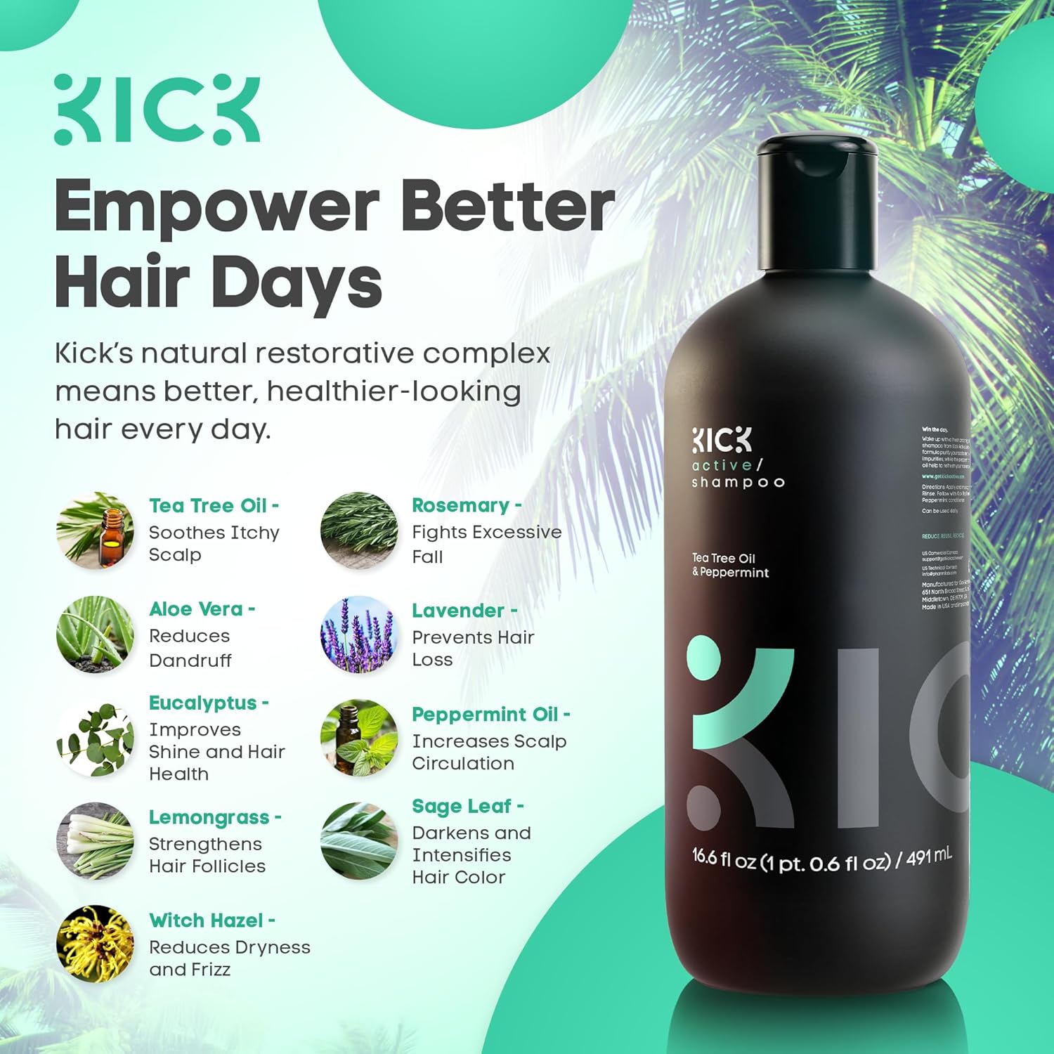 Kick Mens Shampoo - Peppermint & Tea Tree for Oil Control - Sulfate-Free, Refreshing Formula - Anti-Dandruff and Scalp Soothing - Shampoo for Oily Hair - Cruelty-Free - 16.6oz - Image 4