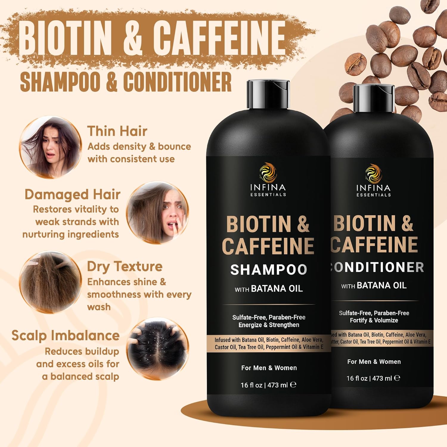 INFINA ESSENTIALS Caffeine Biotin Shampoo and Conditioner Set | Hair Thickening & Strengthening | 16 fl oz Each | with Batana Oil & Castor Oil | For Thinning Hair Care | Men & Women - Image 2
