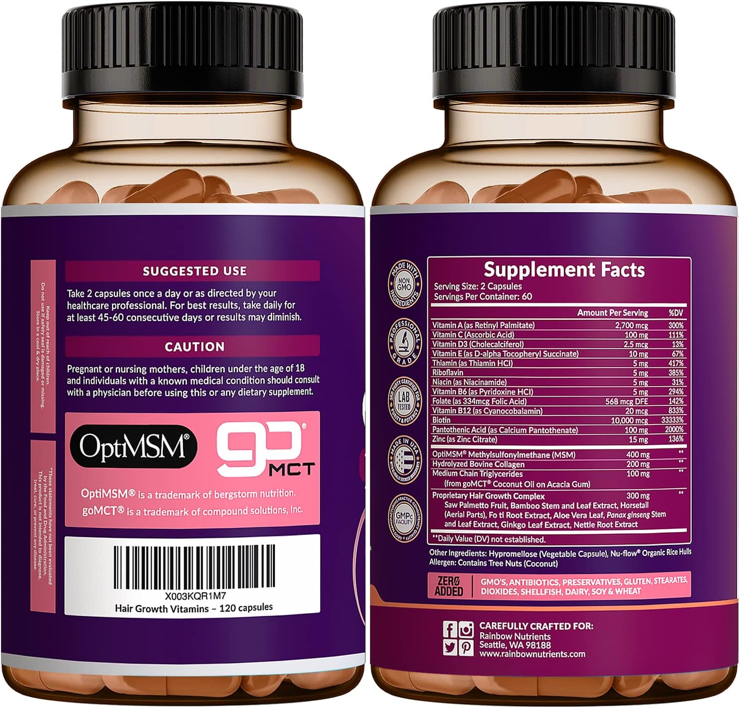 Hair Growth Vitamins for Women | Biotin 10,000mcg, Collagen, Patented OptiMSM®, goMCT®, Saw Palmetto | Naturally Regrow Stronger & Healthier Hair, Skin and Nails | Stops Hair Loss | 60 Day Supply - Image 9