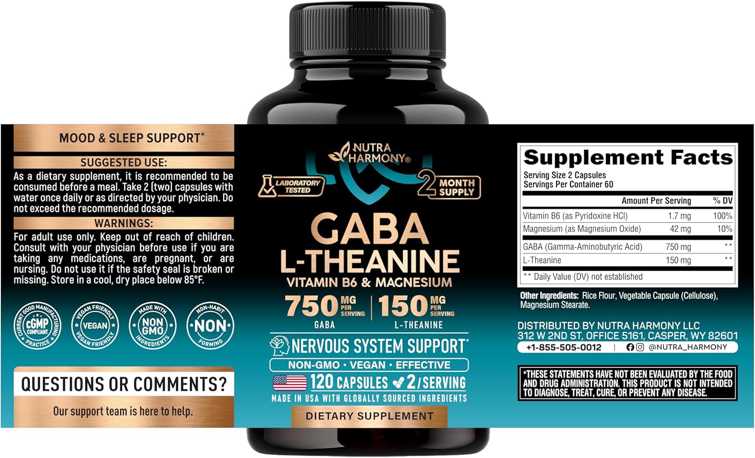 GABA L-Theanine 900 mg - Magnesium | Vitamin B6 - Calm, Sleep, Relaxation & Mood Support - Lab Tested - 750 mg Gamma AminoButyric Acid, 150 mg L-Theanine - Non-Habit Forming, Vegan - 120 Capsules - Image 2