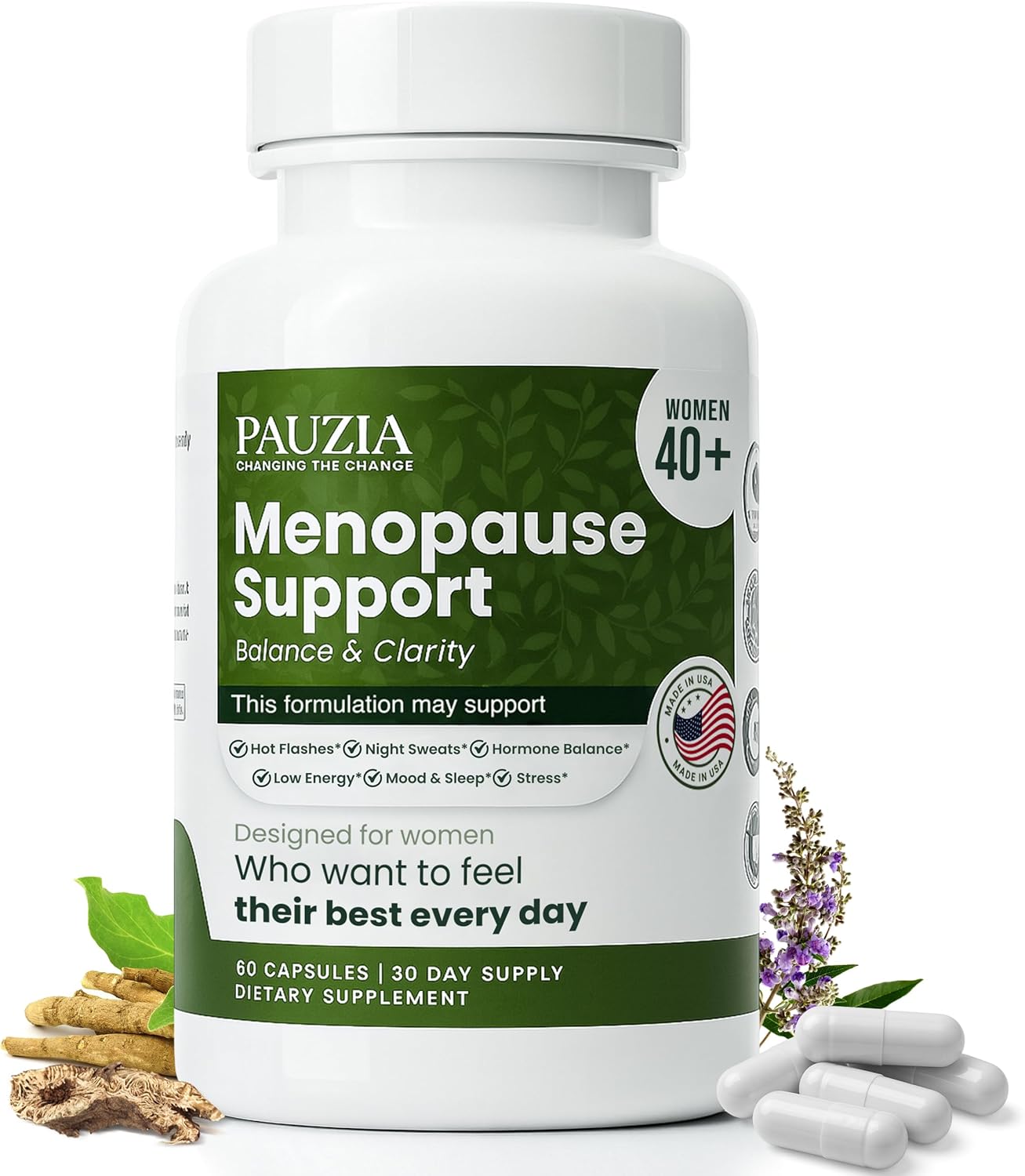 PAUZIA Menopause Supplements for Women 40+ | Natural Menopause Relief with Black Cohosh, Ashwagandha, Vitex | Hot Flash & Mood Support | Hormone-Free | Made in USA (60 Vegan Capsules)