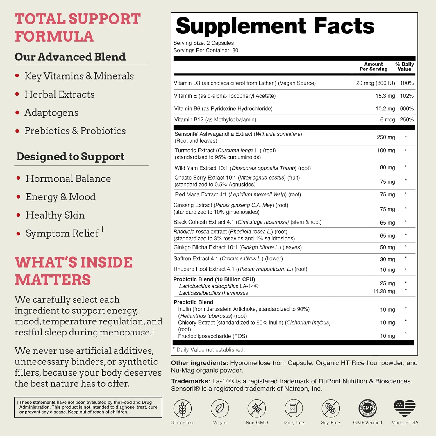 Total Menopause Formula 17-in-1 Stress Support Supplement for Women with Ashwagandha, Black Cohosh (Hormonal Balance), Maca, Probiotics, Vitamins D3, B6, B12, Vitality & Mental Clarity | 60 Capsules - Image 3