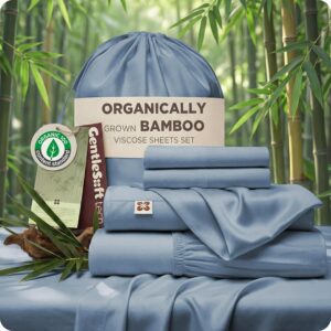 Bedsure 100% Organically Grown Bamboo Viscose Queen Sheet Set | Cooling Bedsheets for Hot Sleepers | Luxury Silky Soft PureWoven | 18" Deep Pocket with Corner Straps | Oeko-Tex [Mineral Blue]