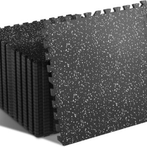 SUPERJARE 0.4'' Thick 24 Pcs 96 Sq Ft Rubber Top Exercise Equipment Mats, High Density EVA Foam Mats with Rubber Top, Interlocking Gym Flooring for Home Gym, Protective Workout Mat, Black/Grey