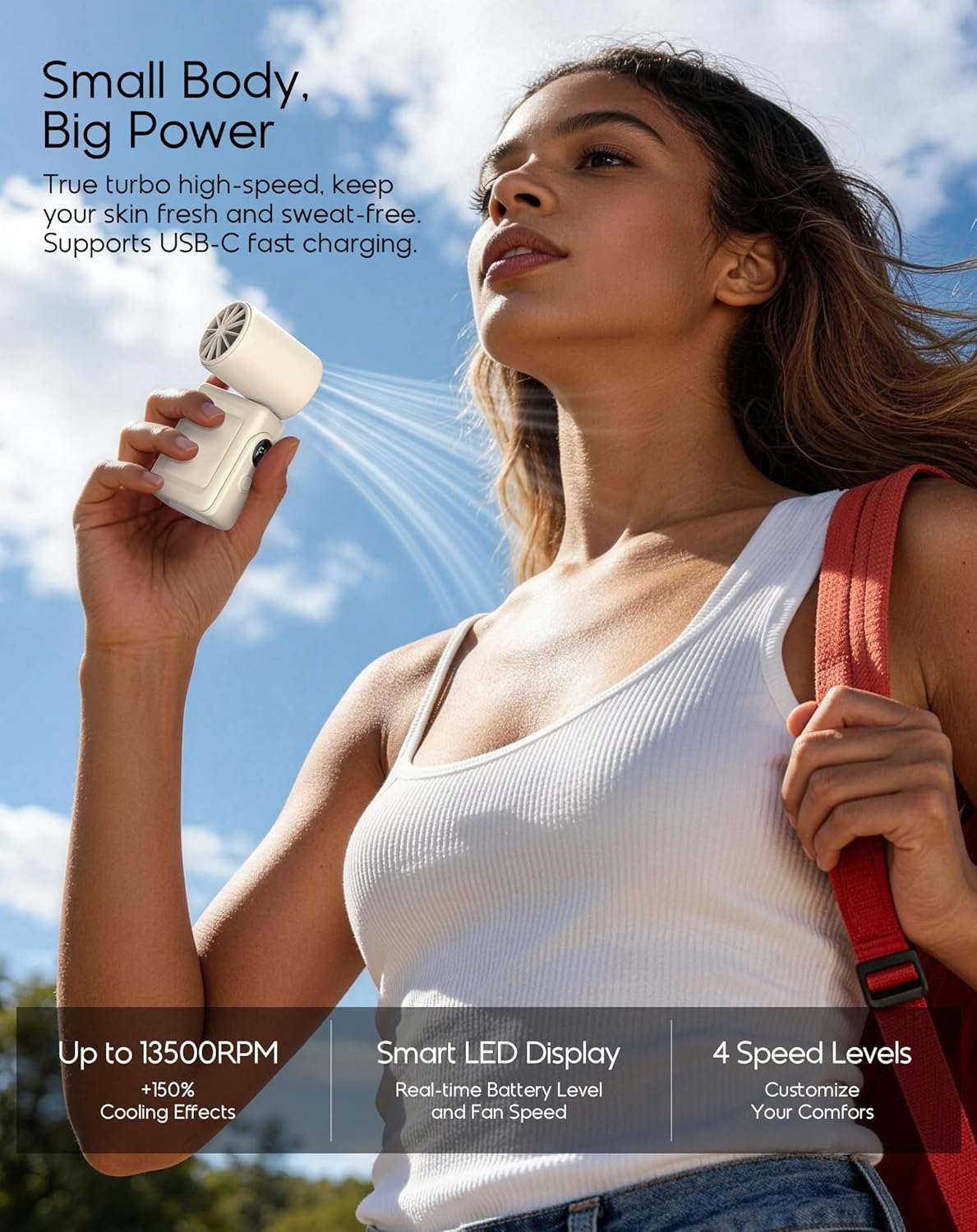Portable Clip-On Mini Fan, Hands-Free, Turbo Personal Handheld Fans Rechargeable w/ 4 Wind & LED Display, Pocket Size Summer Cooling Essentials for Travel/EyeLash/Beach/Concert, Gifts for Women(Ivory) - Image 5