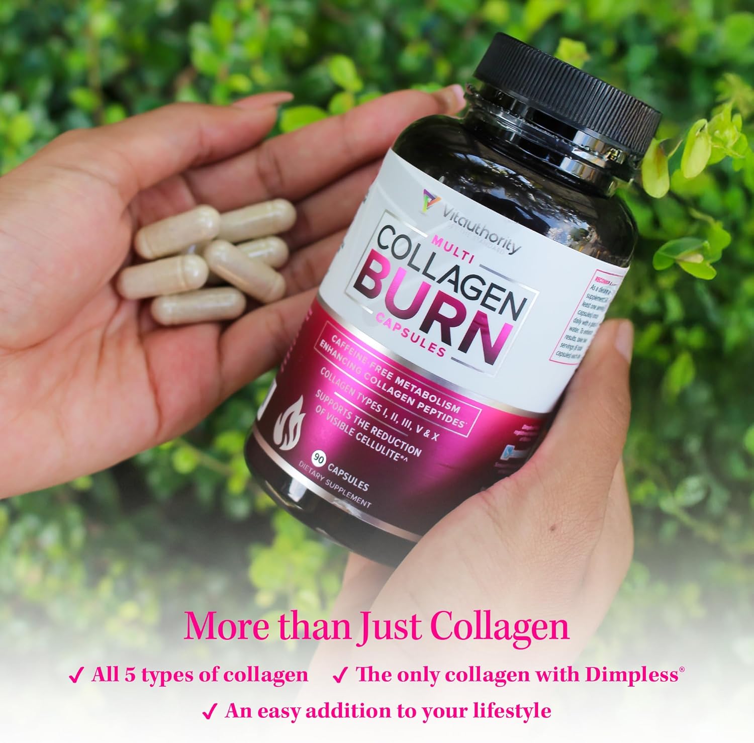 Multi Collagen Burn: Multi-Type Hydrolyzed Protein Peptides with Hyaluronic Acid, Vitamin C, SOD B Dimpless, Types I, II, III, V and X, Caffeine-Free (Unflavored Capsules) - Image 7