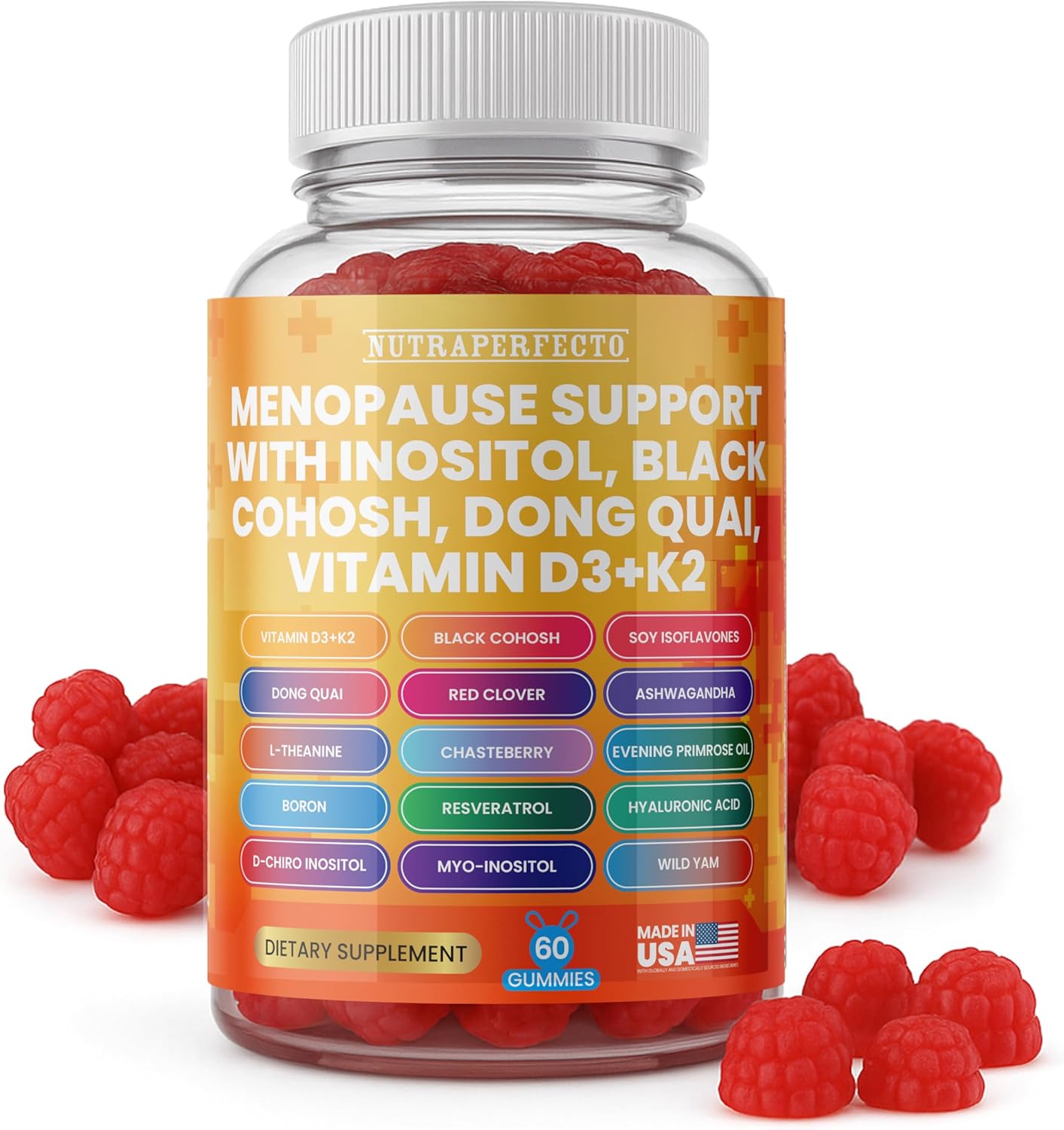 Sugar Free Menopause Support Gummies for Women D-Chiro Myo Inositol Black Cohosh Dong Quai Vitamin D3 K2 - Hormone Balance, PMS, Hot Flash & Night Sweat Relief Perimenopause Water Retention Debloating