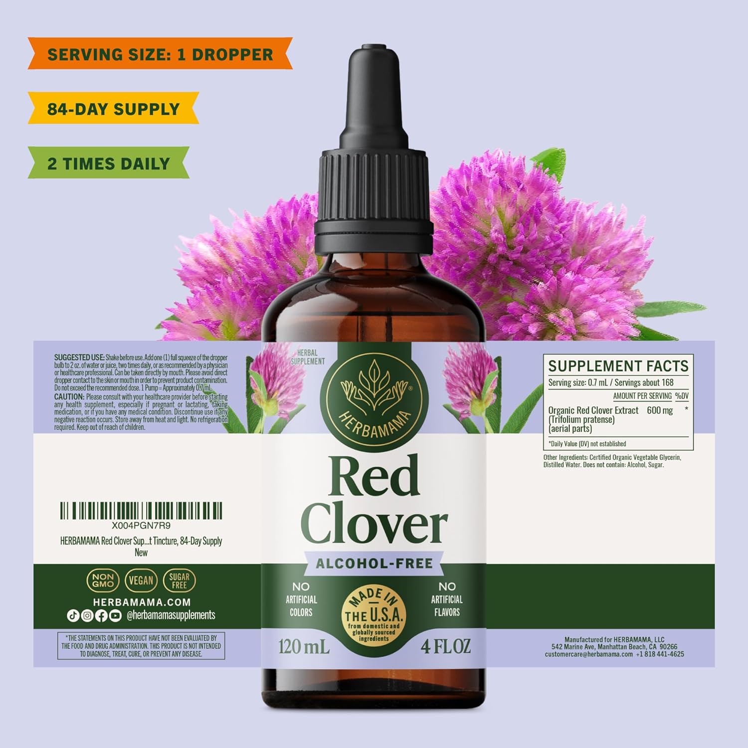 HERBAMAMA Red Clover Supplement for Menopause Support* - Liquid Red Clover Herb with Isoflavones for Hormone Balance for Women - Lymphatic Drainage Drops - Vegan, Non-GMO, 84-Day Supply - Image 8