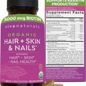 Biotin 5000 mcg Hair Skin Nails Vitamins for Women – Organic and Vegetarian-Friendly Supplement with Vitamin E, B-Vitamins, Spirulina, Horsetail and Superfood Blend to help Produce Keratin –120 Count