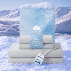 Bedsure Cooling Sheets for Hot Sleepers, Silver Infused Bed Sheets, Q-Max>0.46, Luxury Soft & Silky Smooth Queen Sheet Set, Deep Pocket Up to 16 Inches, 4 Pieces for Kids, Women, Men, Light Grey