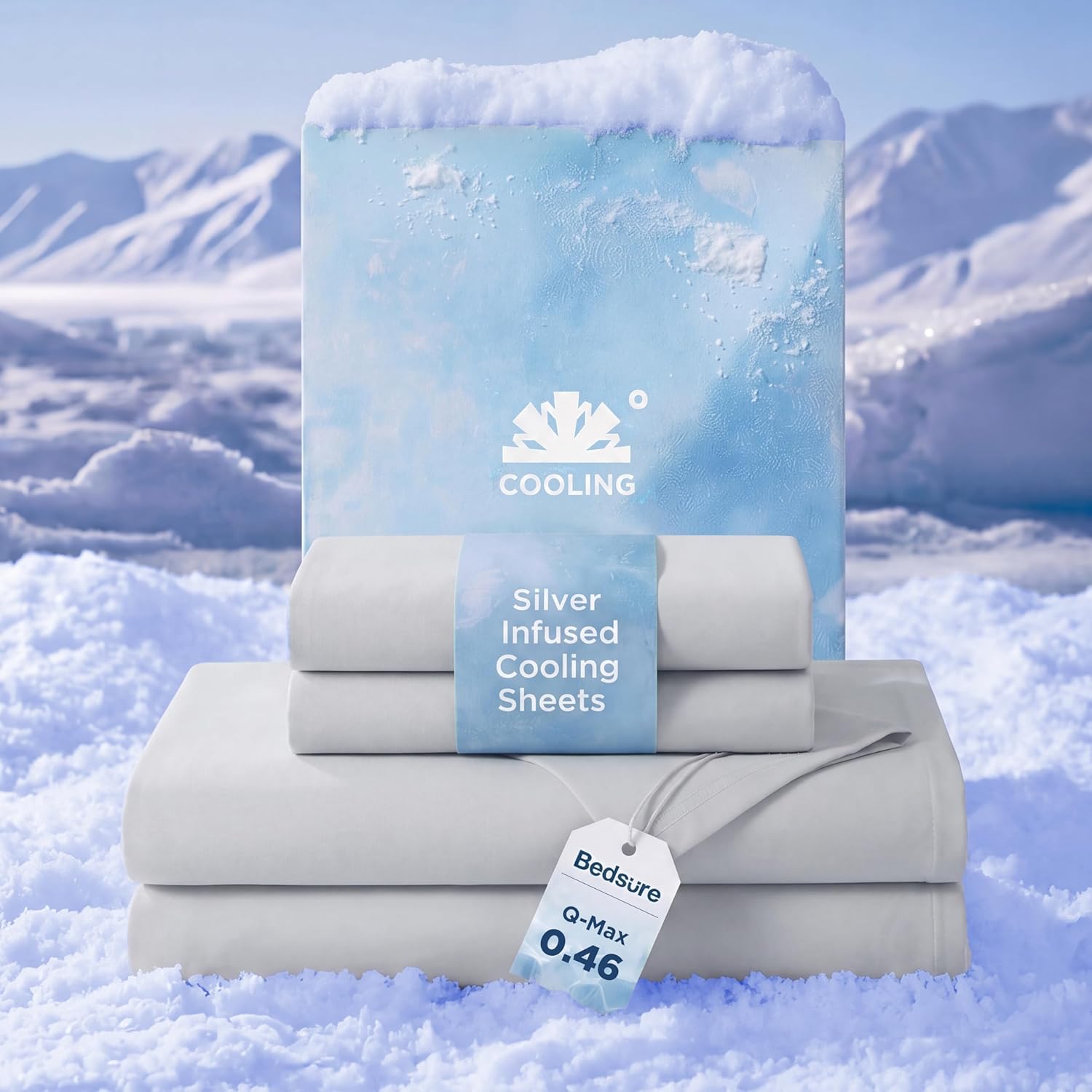 Bedsure Cooling Sheets for Hot Sleepers, Silver Infused Bed Sheets, Q-Max>0.46, Luxury Soft & Silky Smooth Queen Sheet Set, Deep Pocket Up to 16 Inches, 4 Pieces for Kids, Women, Men, Light Grey