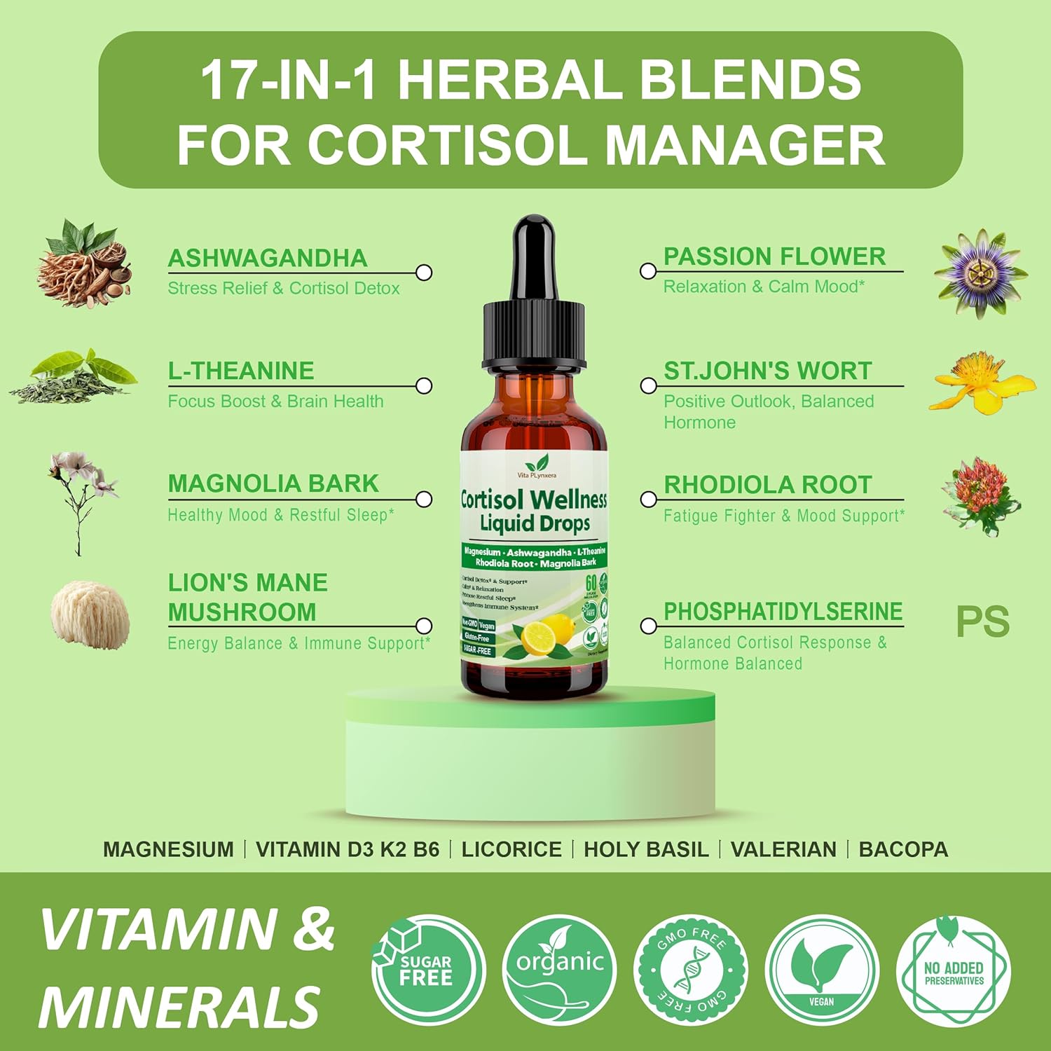 Vita PLynxera Cortisol Supplement Liquid Drops, 17-in-1 Cortisol Detox w. Magnesium Glycinate 400mg Ashwagandha, L-Theanine, Phosphatidylserine, Hormone Balanced for Women, Mood Focus, Sleep Support - Image 3