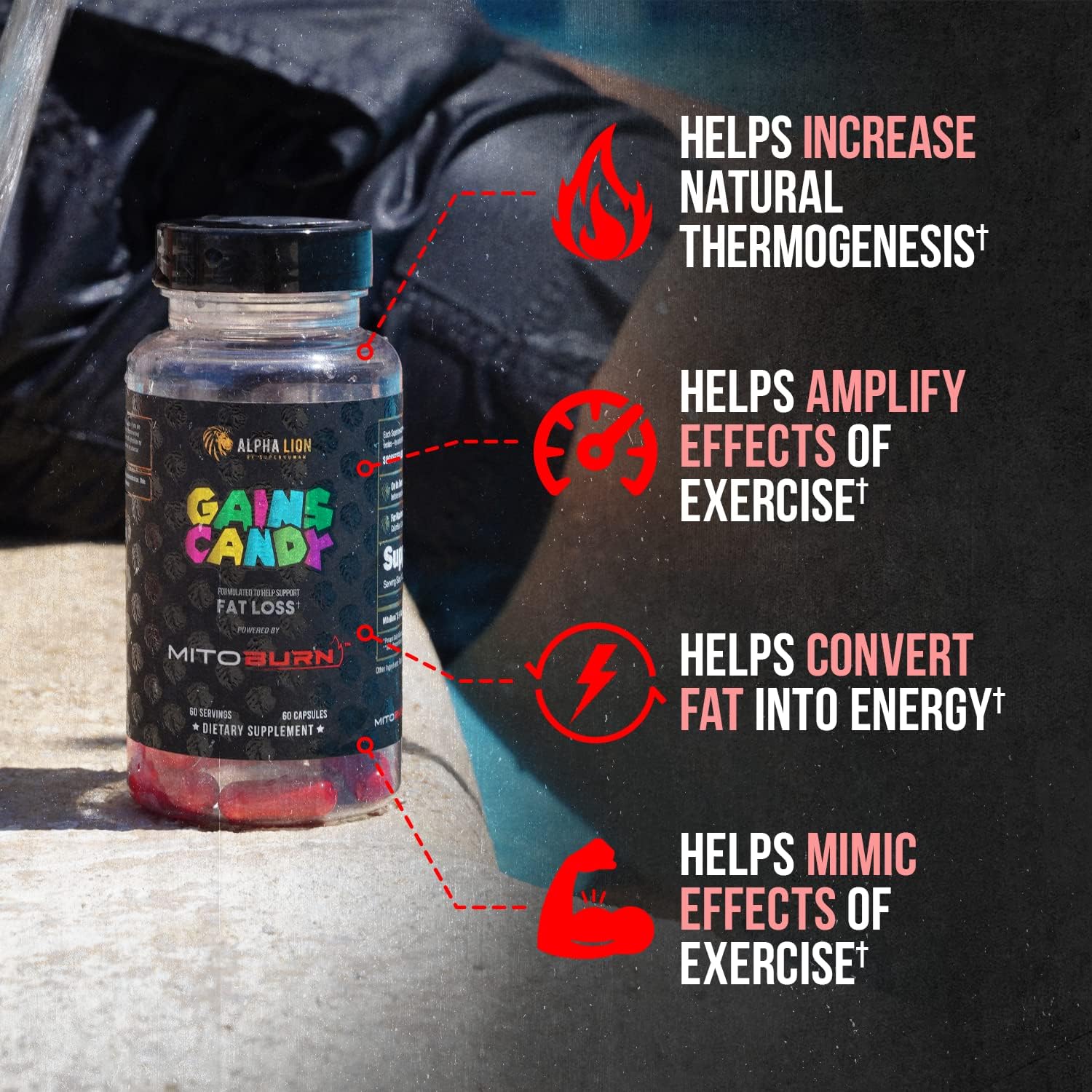 ALPHA LION Gains Candy, Supplement Pills that Support Weight Loss, Appetite Suppressant, Keto-Diet Friendly, Decrease Body Fat, Upgrade Energy & Workout Performance, 60 Capsules (MitoBurn®) - Image 2